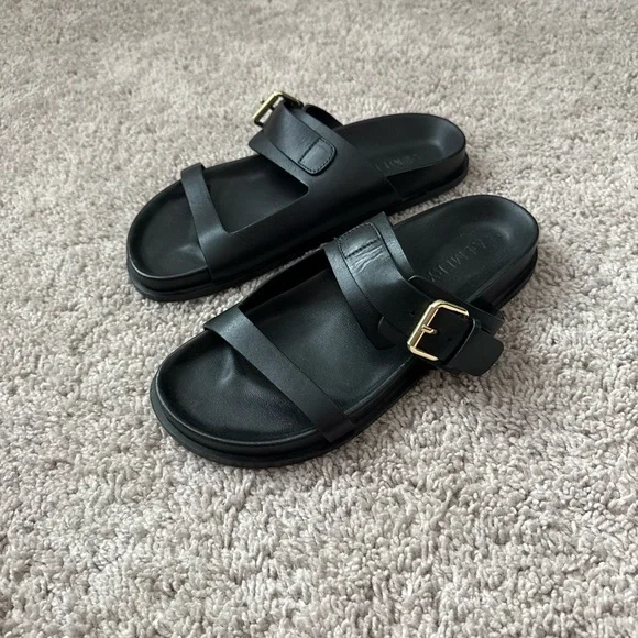 A Emery Prince Sandal Black Slide Sandals with Gold Buckle - Picture 6 of 6